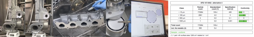 Stages of the cleanliness control process for mechanical parts, including particle analysis and a compliance report.