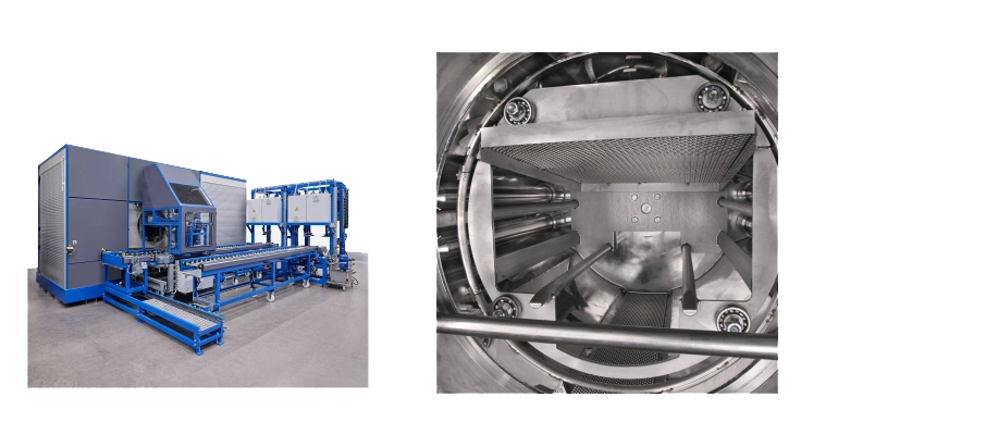 Industrial vacuum degreasing machine compatible with ultrasound, showing a view of its washing chamber.