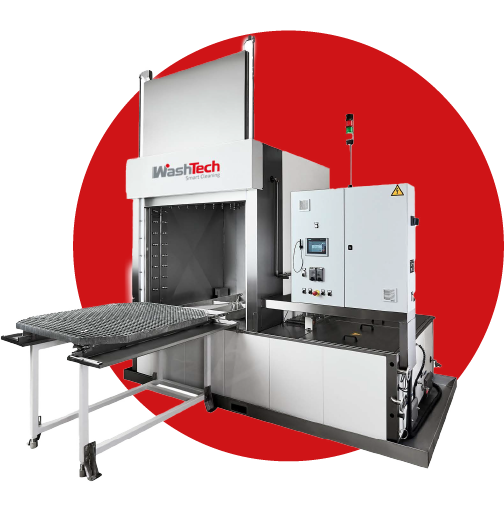 Heavy duty spray cleaning machine for hard to handle large or bulky parts